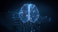 Digital AI chip integral into abstract technology brain on dark blue background. Circuit board tech bg. Low poly wireframe AI mind Royalty Free Stock Photo