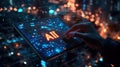 Digital AI Interface Tablet with Futuristic Data Visualization, Night Cityscape Background, and Human Touch