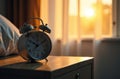 A digital alarm clock on a bedside table, displaying the shift in time as the sunlight peeks through the curtains Royalty Free Stock Photo