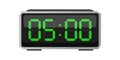 Digital alarm clock. Five hours time. Time 05 00. Green numbers vector. Electronic LED display. Royalty Free Stock Photo