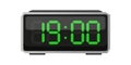 Digital alarm clock. Nineteen hours time. Time 19 00. Green numbers vector. Electronic LED display. Royalty Free Stock Photo