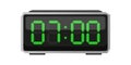 Digital alarm clock. Seven hours time. Time 07 00. Green numbers vector. Electronic LED display. Royalty Free Stock Photo