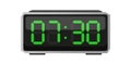 Digital alarm clock. Seven thirty shown. Time 07 30. Green numbers vector. Royalty Free Stock Photo