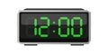 Digital alarm clock. Twelve hours time. Time 12 00. Green numbers vector. Electronic LED display. Royalty Free Stock Photo