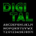 Digital alphabet font. 80s retro display pixel letters and numbers.