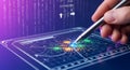 Digital analytics interface with stylus interacting with data visualization and binary code Royalty Free Stock Photo