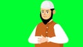 Digital animation of a cartoon Muslim male praying ruku sajdah on a green screen background