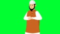 Digital animation of a cartoon Muslim male praying ruku sajdah on a green screen background