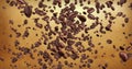 Digital animation coffee beans flying in vortex on golden background with fade out, loop seamless