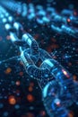 Digital animation of secure blockchain network processing encrypted transactions.