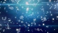 Digital animation of snowflakes falling against spots of ight and light trails on blue background