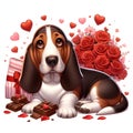 A digital anime art of a basset hound dog, sitting cute expression, heart, love sign, rose flower, cartoon style, animal art Royalty Free Stock Photo