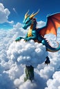 Digital anime art of charming dragon, surrounded by the beautiful clouds and sky, dreamy, fantasy art, mythical animal