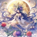 A digital anime art of a cute anime goddess, with moon, luna, girl, flowers, fantasy, dreamy