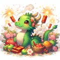 A digital anime art of cute green dragon, with firecrakers, smokes, sparkles, surrounded by the flower and fruit, cartoon