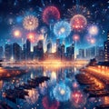 A digital anime art of a new year celebration, with beaitiful fireworks at a starry night, city and sea view, reflection water