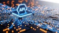 Digital api integration on a glowing circuit board with a central processor Royalty Free Stock Photo