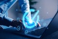 Digital approval concept with glowing checkmark icon on laptop screen, representing task completion, project validation, and goal Royalty Free Stock Photo