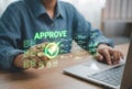 Digital approval process with a glowing checkmark and document icons on a holographic interface Royalty Free Stock Photo