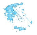 Greek watercolor illustration. Hand drawn map of Greece. Blue drawing on white textured paper with all islands