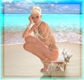 A digital art blonde beauty sits on a sea shell with pearls spilling out of them. She wears a long pearl necklace as a bikini Royalty Free Stock Photo