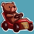 Digital art of a brown teddy bear driving a red toy car. Driver stuffed animal vector in an automobile speeding Royalty Free Stock Photo