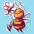 Digital art of a bumblebee sniffing a white flower. Vector of a cartoon bee happily smelling a daisy