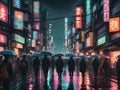 digital art of a bustling Tokyo street at night, neon signs, people walking, rain-soaked streets, vibrant city lights, cyberpunk