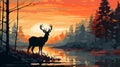 Vibrant Modernism Illustration: Deer In Forest At Sunset With Woods And River