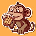 Digital art of a cartoon monkey drinking a beer. Vector of a mascot chimp holding a mug with an alcoholic beverage inside