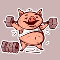 Digital art of a cartoon pig lifting weights and doing exercises. Fitness piglet bodybuilder with dumbbells working out
