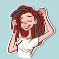 Digital art of a caucasian woman touching her dreadlocks. Vector of a young happy girl with dreads playing with her hair.