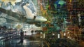 Digital Art Collage, Airplane, Cityscape, and Global Networks Royalty Free Stock Photo