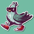 Digital art of a cool pigeon wearing sunglasses and sneakers. Hiphop graffiti bird with glasses and shoes