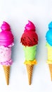 Row of colorful ice cream scoops with decorations, shot from above, isolated on white background, AI Generative Royalty Free Stock Photo