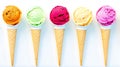 Row of colorful ice cream scoops with decorations, shot from above, isolated on white background, AI Generative Royalty Free Stock Photo