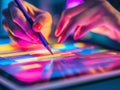 digital art creation process, vibrant and multicolored strokes, close-up view, tablet