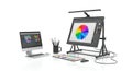 Digital Art Station with Color Wheel and Computer on White Background for Creative Design and Production Visualization Royalty Free Stock Photo