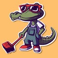 Digital art of a crocodile with sunglasses working as a janitor.