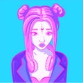 Digital art of a cyber neon woman in a leather jacket and a pair of headphones