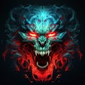 a digital art of a demon face with red and blue flames