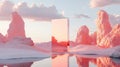 Digital art depicting a desert sunset reflected in a mirrored cube creates a calming scene for a website banner