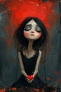 Emotive Gothic Girl Holding Heart Illustration