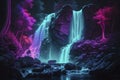 Digital art depicting a neon waterfall. Water illuminated by multicolored light. Generative AI