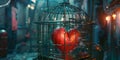 Red heart in a birdcage on a moody city street. symbolic, concept art. emotional and evocative imagery. perfect for Royalty Free Stock Photo