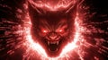 Digital art depicts a ferocious wolf face glowing with red light and emanating energy, surrounded by dynamic binary code in a dark Royalty Free Stock Photo