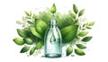 Digital art of a droplet dripping from green leaf into glass bottle. Essence extraction. Green backdrop. Concept of