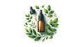 Digital art of Essential oil. Botanical extract in a transparent dropper bottle with green leaves around. Concept of Royalty Free Stock Photo