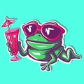 Digital art of a frog wearing glasses and drinking a cocktail. Vector of a toad sunbathing and laying on the beach