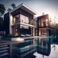 Digital art generative AI. Modern house and swimming pool in luxurious style Royalty Free Stock Photo
